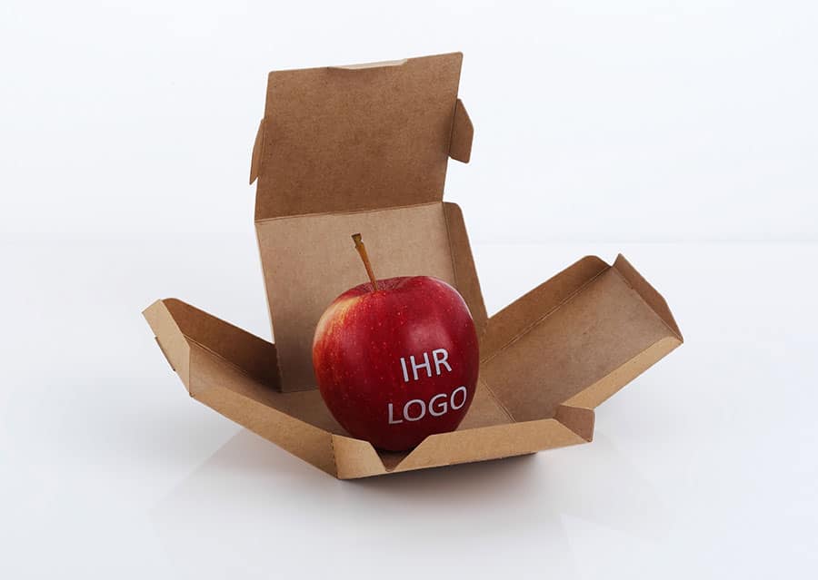 Æble med spiseligt logo i bæredygtig æske