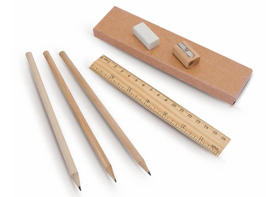 wooden pencil set with recycled box and print