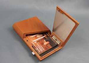 Environmentally friendly exclusive business card holder made from oiled pear wood