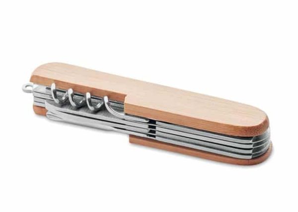 Bæredygtig multifunktions lommekniv i bambus og rustfrit stål
